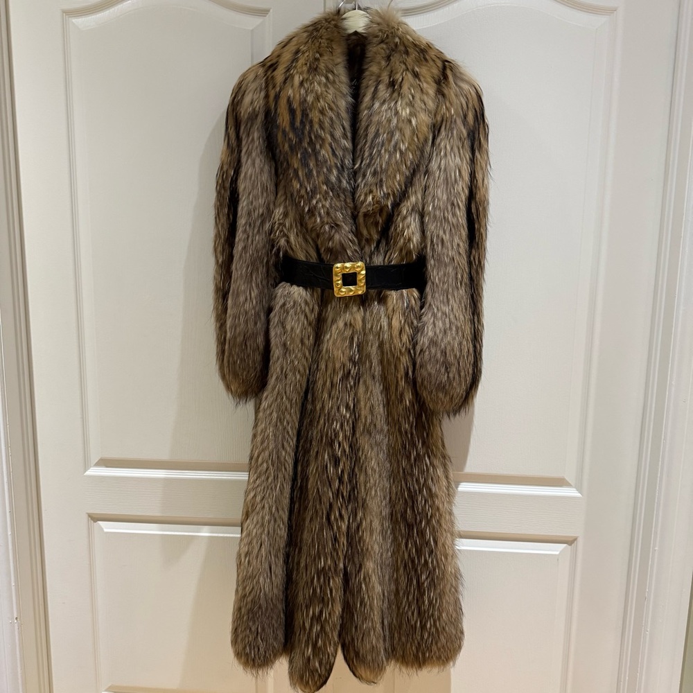 Flash Sale⚡️Vintage Racoon Real Fur Full Length Coat Women’s Size 8+Vintage Belt